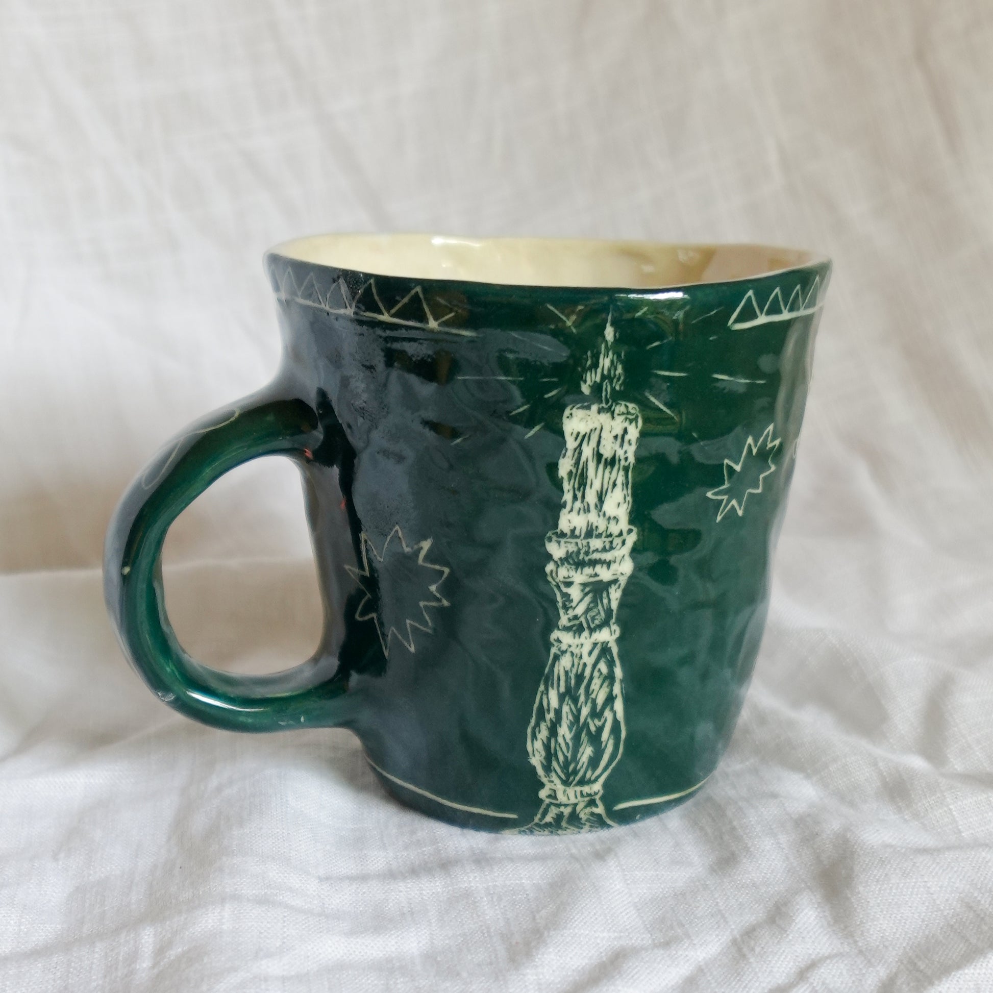 outside at evening through the window. mug